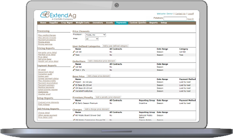 A laptop displaying the ExtendAg software interface, showing a list of payment entries and filtering options.