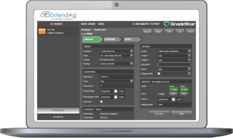 Laptop displaying ExtendAg software interface with information on sweet corn purchase, including inbound, distributing, and grade details.
