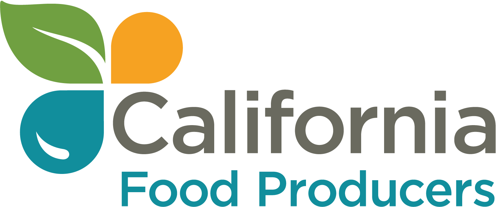 Logo of California Food Producers with stylized leaves and an orange circle adjacent to the text.