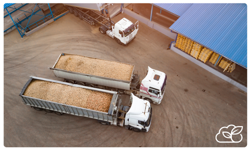 Aerial view of two trucks filled with wood chips parked at a facility with a blue roof and stacks of wood, next to an unloading area.