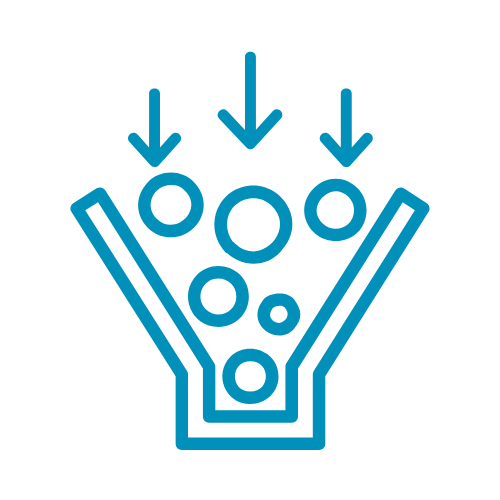 Blue line icon of a funnel with three arrows pointing downwards and circles entering, symbolizing filtering or data processing.