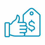 A blue outline icon of a hand giving a thumbs up next to a clipboard with a dollar sign, representing approval or success in grower contract management.