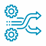 Blue icon showing two gears connected by curved lines and arrows, representing process automation or workflow integration for grower contract management.