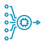 Blue icon showing a central microchip with lines connecting to four circles on the left and an arrow pointing right, symbolizing data processing operations or integration.