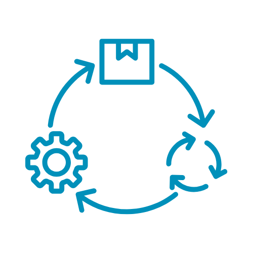 Three blue icons—a gear, a book, and two rotating arrows—are linked by arrows in a circular flow, illustrating the continuous process of grower contract management.