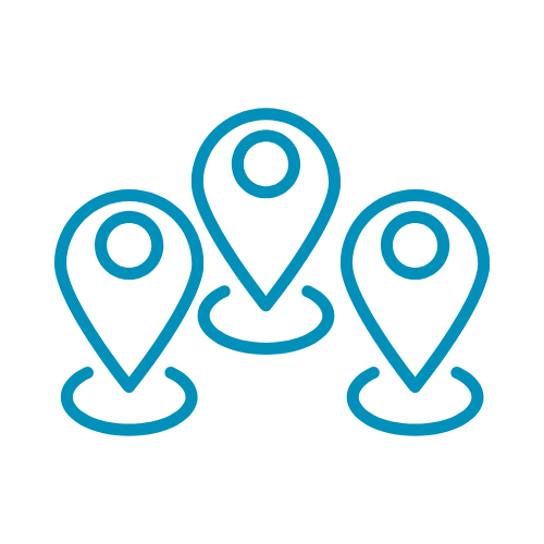Three map location pin icons with circular bases are arranged in a triangular formation, depicted with blue outlines on a white background—ideal for illustrating grower contract management across multiple locations.