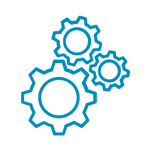 Three interlocking blue gears of different sizes on a white background, symbolizing machinery, teamwork, or efficient grower contract management.