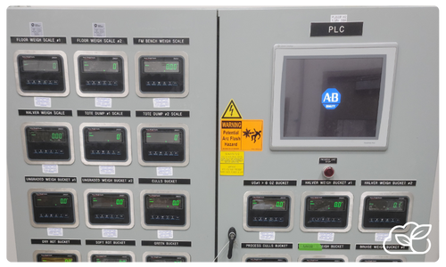 Industrial control panel with multiple labeled digital displays, a warning sign, and a touchscreen interface labeled "PLC" showing an AB logo, designed for efficient factory automation.