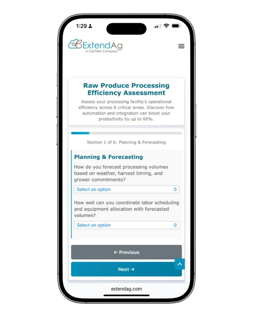 A smartphone screen displays an online assessment form titled "Raw Produce Processing Efficiency Assessment" by extendag, featuring planning and forecasting questions along with intuitive navigation buttons.