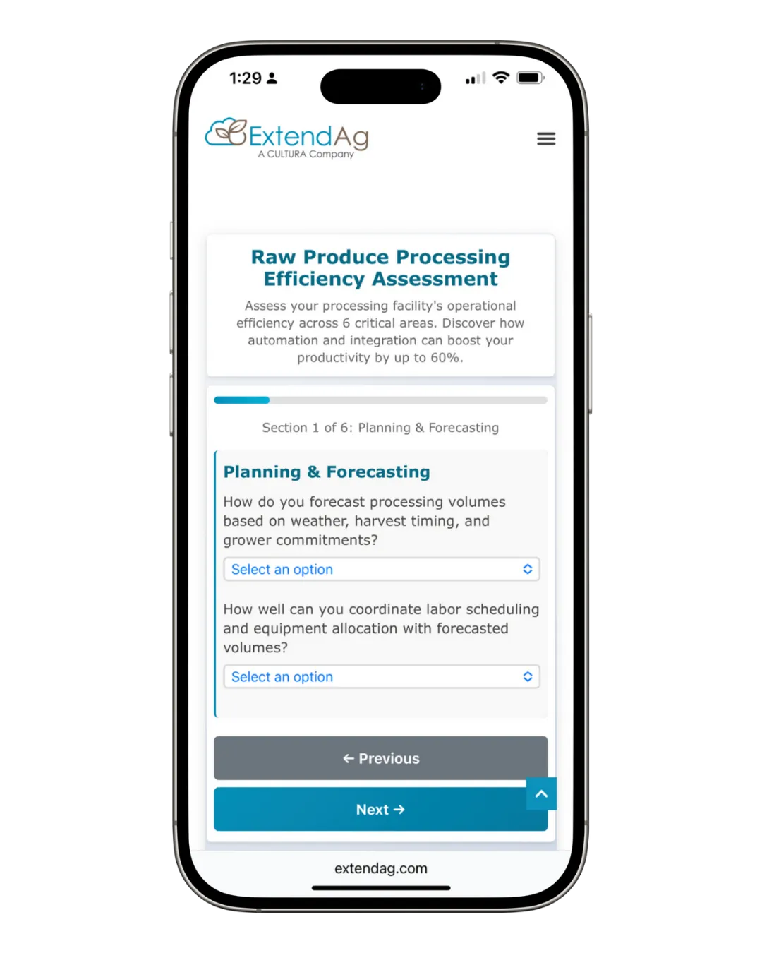 A smartphone screen displays an online assessment form titled "Raw Produce Processing Efficiency Assessment" by extendag, featuring planning and forecasting questions along with intuitive navigation buttons.
