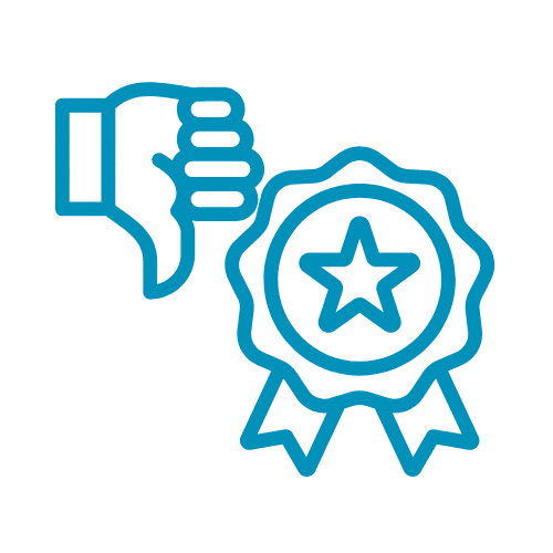 Blue outlined icon of a thumbs down next to an award ribbon with a star in the center, on a light background.