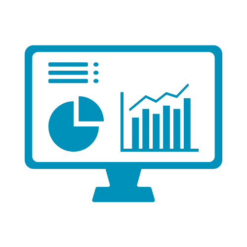 Blue computer monitor icon displaying pie chart, bar graph, and line graph on a light background.