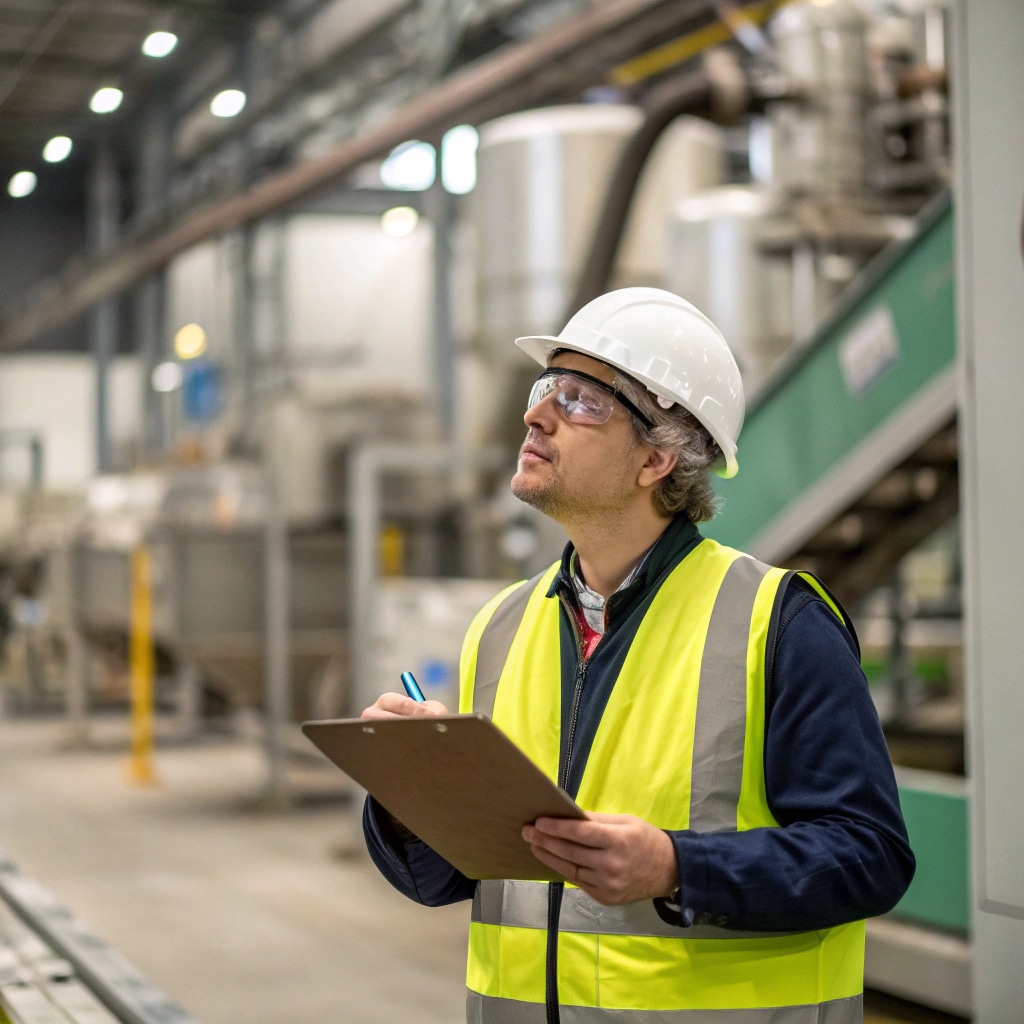 A person wearing a hard hat, safety glasses, and a high-visibility vest holds a clipboard and pen while inspecting equipment in an industrial facility.