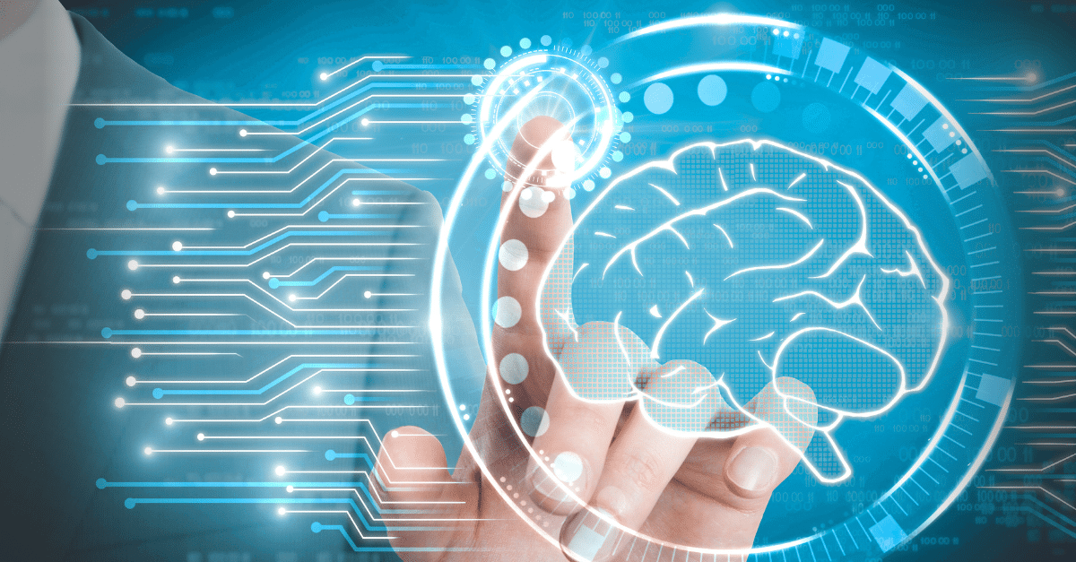 A person touches a digital interface displaying a brain and circuit patterns, symbolizing artificial intelligence, operational intelligence, and technology integration.