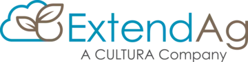 Logo for ExtendAg featuring a stylized blue and brown leaf graphic to the left of the blue and brown text "ExtendAg," with a tagline underneath in smaller font.